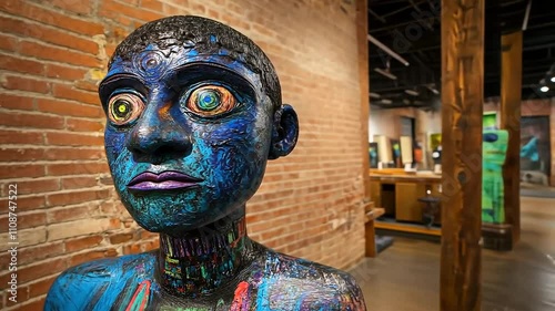 Colorful painted sculpture with expressive eyes in art gallery