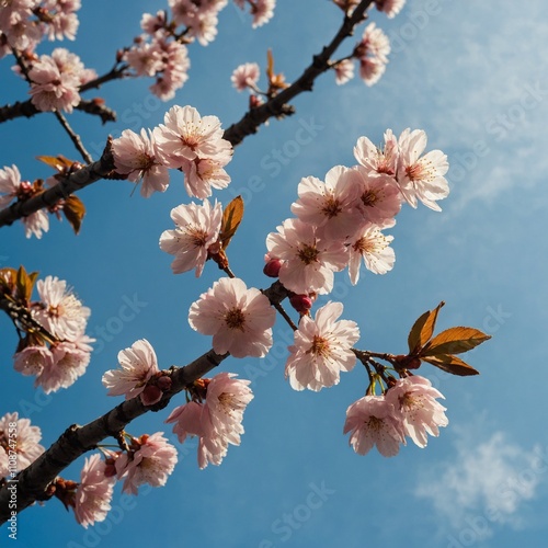 A cherry blossom tree branch against a bright, cloudless sky.