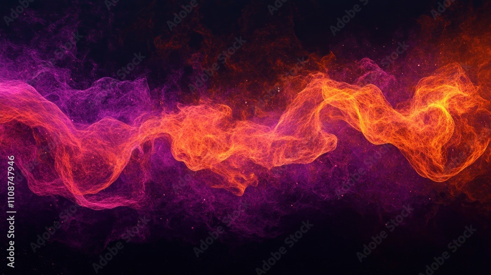 Fototapeta premium Fiery orange and magenta particle wave, intense glow effect, dark backdrop,