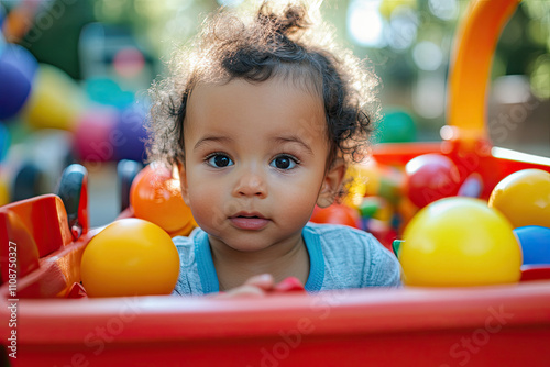 A toddler sitting in a wagon filled with toys, being pulled by an older sibling photo