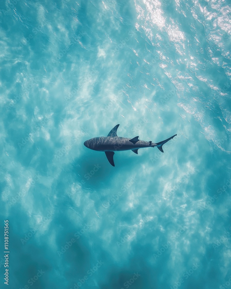 Naklejka premium Aerial View of a Shark Swimming in Crystal Clear Turquoise Water with Gentle Waves Reflecting Sunlight Over the Ocean Surface