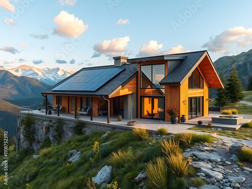 Modern Mountain Home at Sunset: Sustainable Architecture in the Alps AI Generated photo