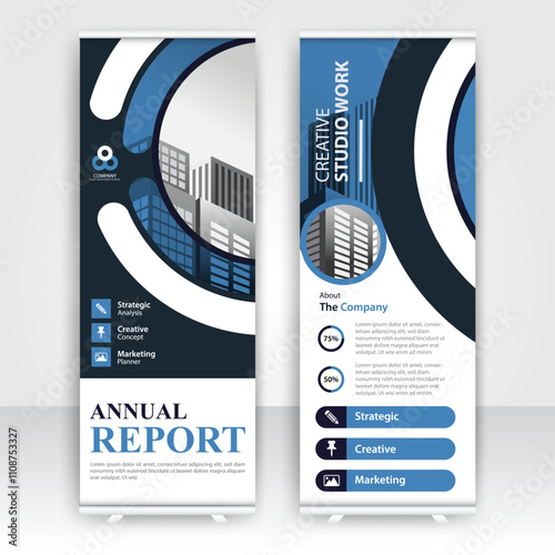 Annual report display showcasing creative studio work and strategic planning concepts for a professional presentation event