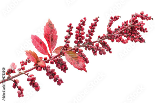 Bright red sumac branch showcasing vibrant berries and colorful autumn leaves during a sunny day in the outdoors