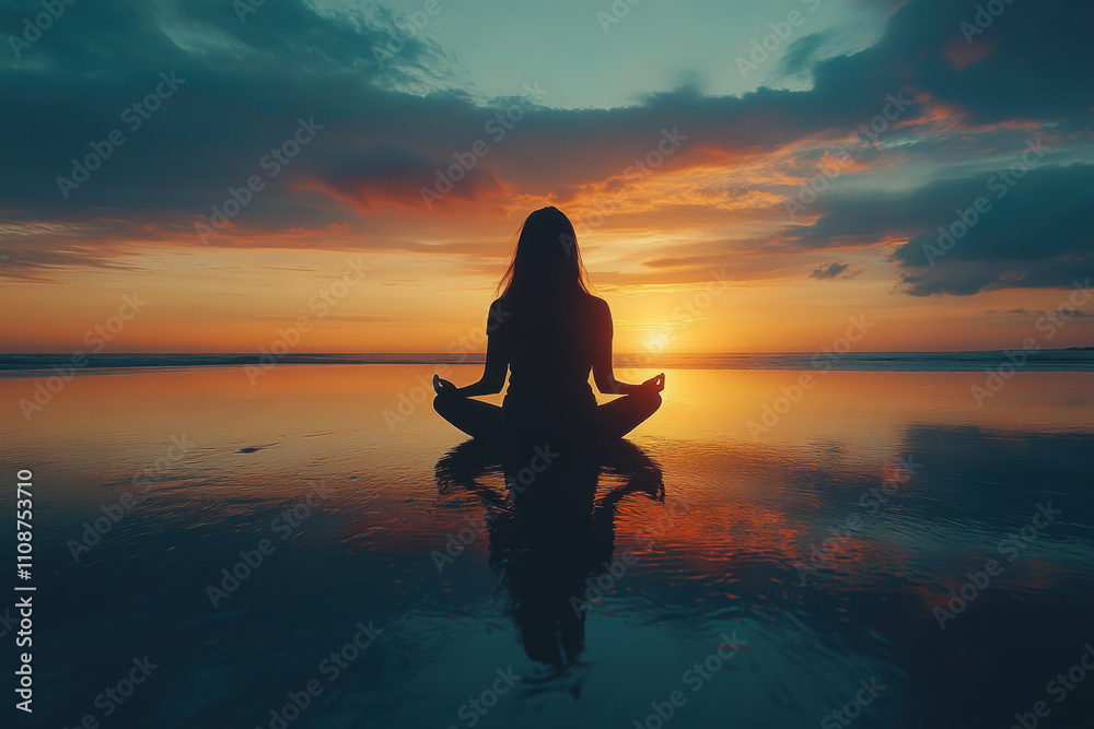Fototapeta premium Woman meditating in water at sunset, serene and still, surrounded by a warm, golden glow that reflects on the tranquil surface.