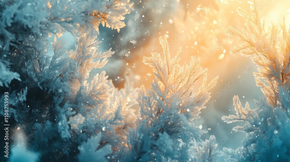 Fototapeta premium Close-up of a Frosty Tree Branch Bathed in Golden Sunlight