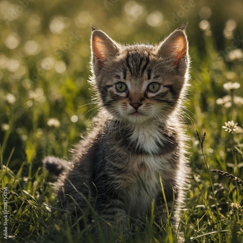 A kitten exploring a sunlit meadow.