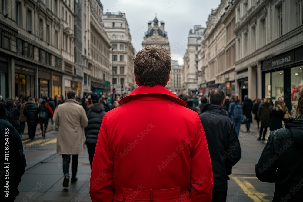 Fototapeta premium Man in a red coat standing in a busy urban street.