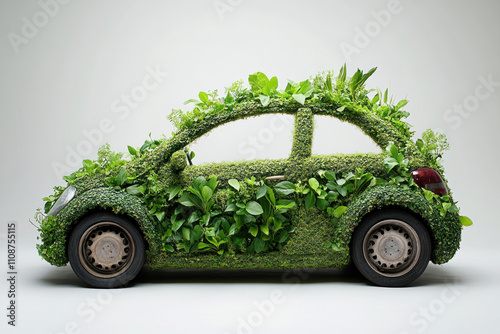 Car made of plants and leaves. Nature-themed vehicle with intricate detailing. Greenery covers the entire surface, creating an eco-friendly and unique transportation concept. photo