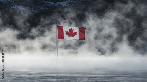 Majestic canadian flag flies over serene waters, symbol of national pride