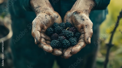 Farmer s Hands Holding Fresh Blackberries Dirt Agriculture Harvest photo