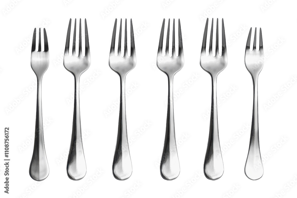 Collection of six stainless steel forks arranged neatly on a white background for culinary use and design purposes Collection of six stainless steel forks arranged neatly on a white background for culinary use and design purposes