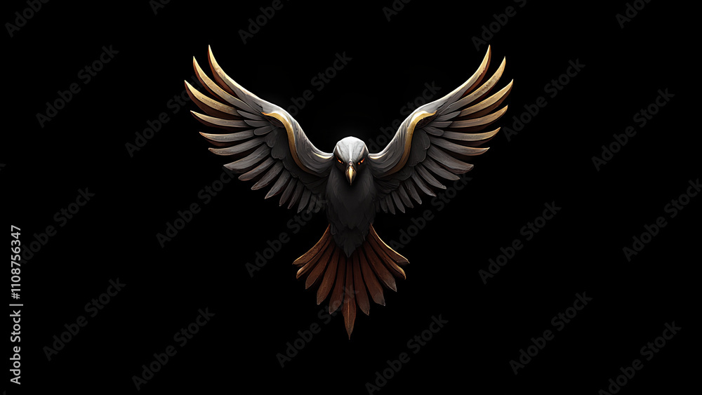 Fototapeta premium An exquisitely crafted logo showcasing a majestic red tailed hawk its dark gray and gold design shimmering against a solid black backdrop