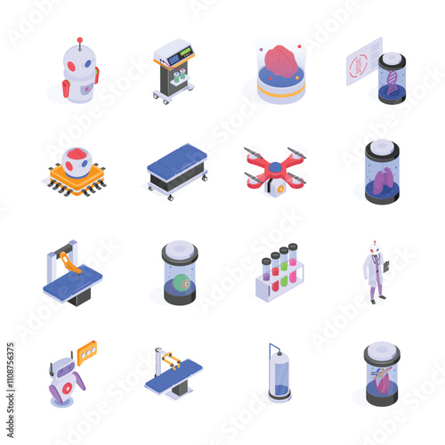 A collection of colorful, isometric icons depicting futuristic medical and scientific advancements