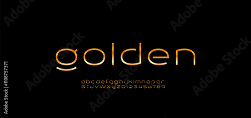 Tech digital font, cyber golden alphabet made future style, gold letters A, B, C, D, E, F, G, H, I, J, K, L, M, N, O, P, Q, R, S, T, U, V, W, X, Y, Z and numerals 0, 1, 2, 3, 4, 5, 6, 7, 8, 9
