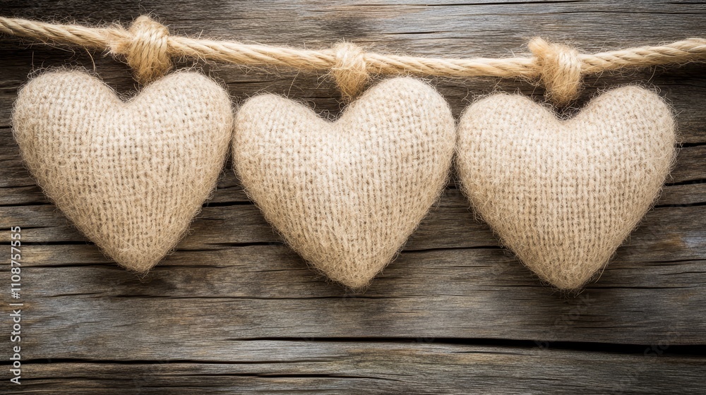 Obraz premium Three hanging hearts, a symbol of love and connection on rustic rope