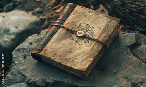 Ancient leather bound journal mystery adventure travel exploration compass weathered vintage book diary text parchment stone rocks outdoor rustic aged history earth tones detail texture close up photo