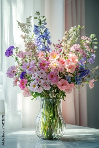 Beautiful Bouquet of Colorful Spring Flowers in a Clear Glass Vase, Showcasing Delicate Petals and Lush Greenery, Perfect for Home Decor and Celebrations