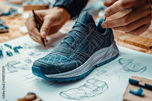 Person drawing a shoe with precise details on a sketch pad in an art studio filled with colorful equipment and materials. photo