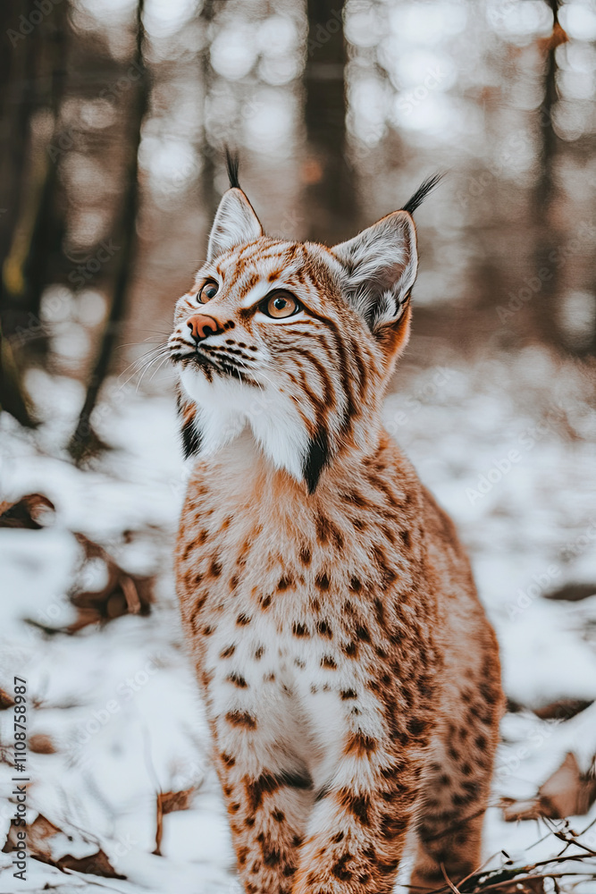 Fototapeta premium Lynx in winter. Young Eurasian lynx, Lynx lynx, walks in snowy beech forest. Beautiful wild cat in nature. Cute animal with spotted orange fur. Beast of prey in frosty day. Predator in habitat