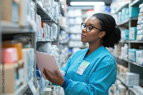 Plus-size healthcare worker checking inventory in a supply room