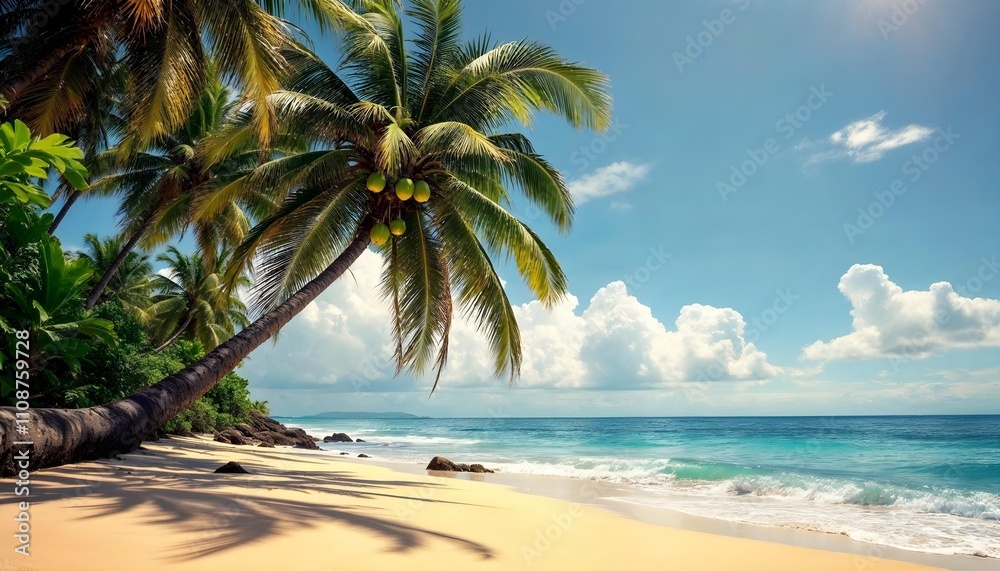 Fototapeta premium Idyllic Tropical Beach. A Serene Shoreline Framed by Lush Palm Trees and Crystal-Clear Waters Under a Bright Blue Sky