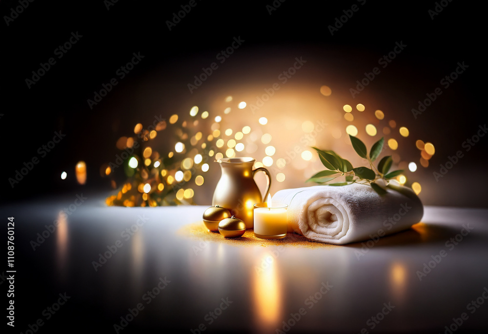 Obraz premium Luxurious spa setting with golden accents. Rolled towel, lit candle, golden pitcher, and decorative ornaments create a serene and relaxing atmosphere. Golden bokeh lights add a festive touch.