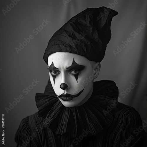 black and white portrait of a pierrot character