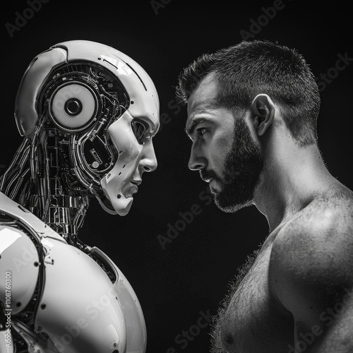 a man and a robot standing opposit of each other - symbol for the duell between artificial and human intelligence photo