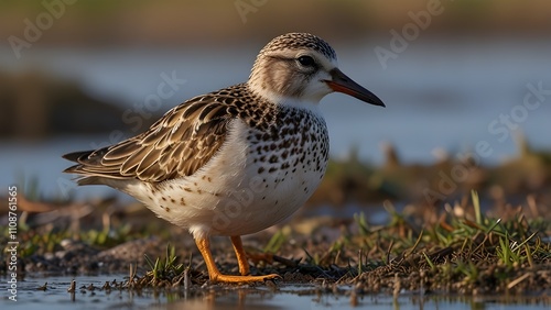 Ruff - Philomachus pugnax / Calidris pugnax - at the Curonian lagoon shore, Lithuania, spring Generative AI photo