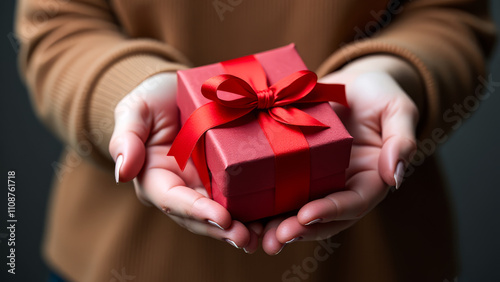 Woman is holding a red box with a red bow