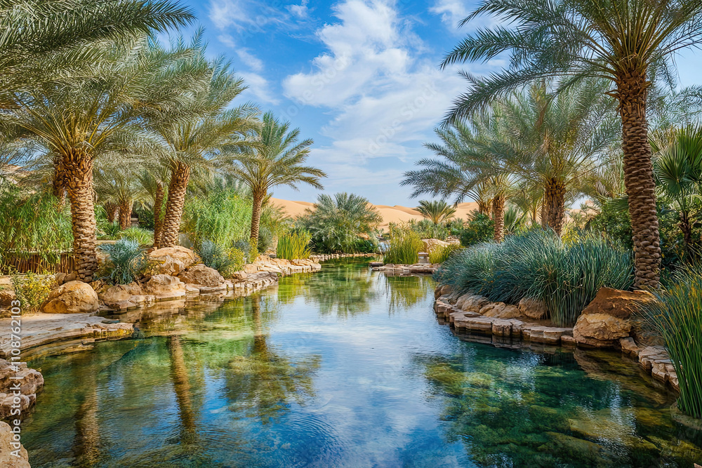 Obraz premium Desert oasis with palm trees and a clear pond surrounded by sand dunes