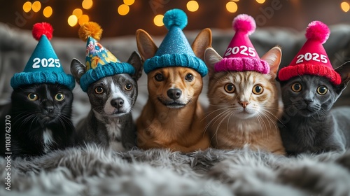 Cute dogs and cats celeberate 2025 Happy New Year ,Animal Party ,wear party hats, with 