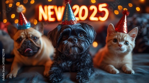 Cute dogs and cats celeberate 2025 Happy New Year ,Animal Party ,wear party hats, with 