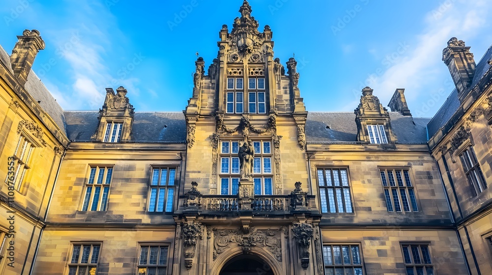 Fototapeta premium International court facade with grand architecture and flagpoles, symbolizing justice and global cooperation in resolving disputes.