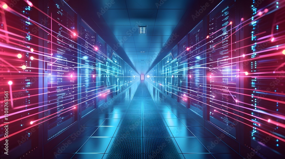 Illuminated Server Room Corridor Shows Data Flow Illuminated Server Room Corridor Shows Data Flow