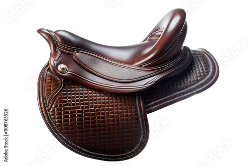 High-quality brown leather saddle with quilted padding displayed on a white background for equestrian enthusiasts