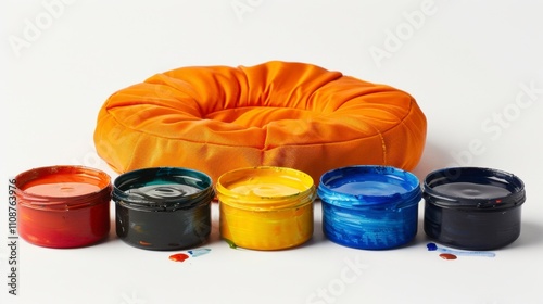 A set of acrylic paints with a neck cushion beside it, representing creativity and comfort, isolated on white background photo