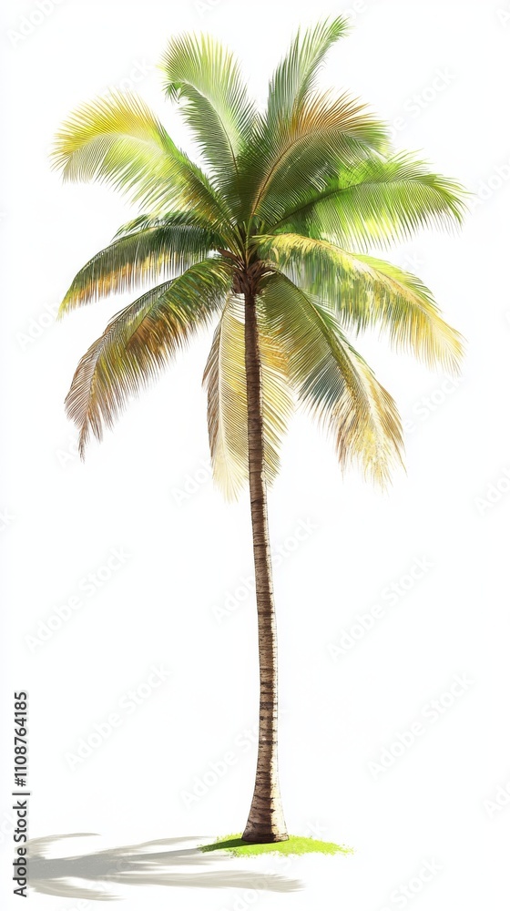 Fototapeta premium A vibrant green palm tree against a clean white background, showcasing its tall stature and lush fronds.