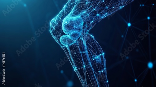 Abstract Polygonal Knee Joint on Blue Background. Infographic Concept