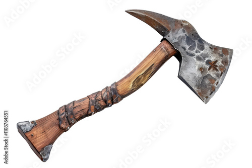 Handcrafted axe with a curved blade and detailed wooden handle design for outdoor activities photo