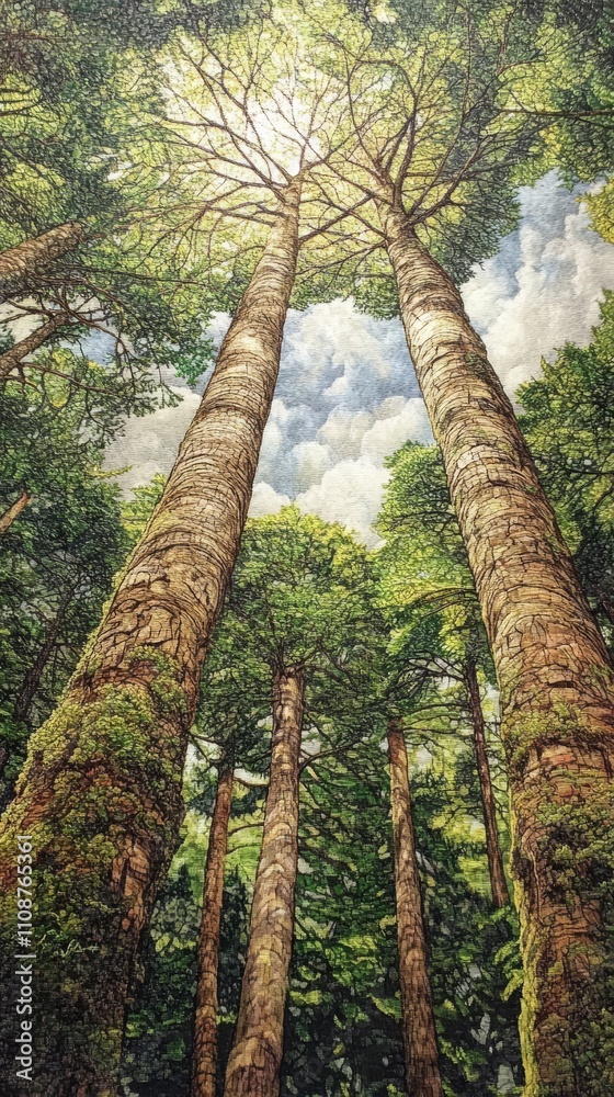 Fototapeta premium Tall coniferous trees stretch towards the sky, bathed in sunlight, creating a serene forest atmosphere.