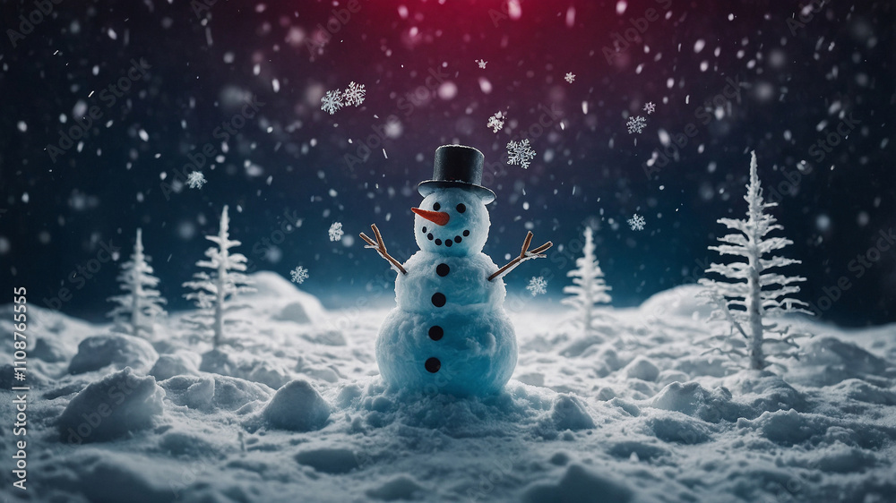 Fototapeta premium Snowman Smiling Brightly in a Minimalist Winter Wonderland