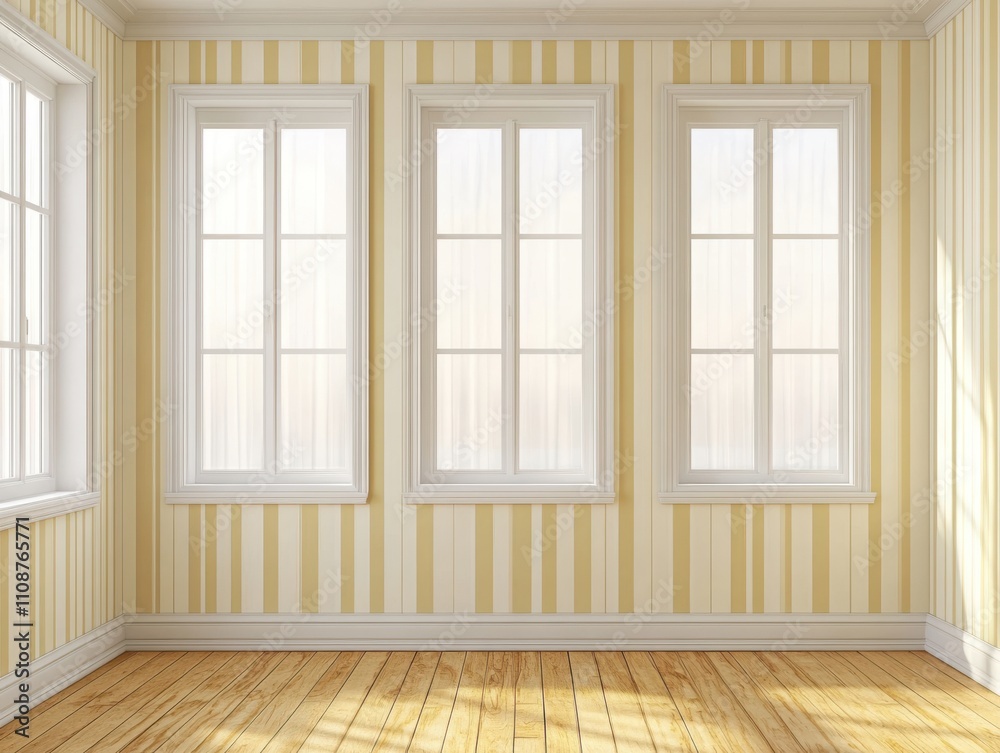 Fototapeta premium Bright and Airy Interior Space with Light Yellow Striped Wallpaper and Large Windows Inviting Natural Light into a Spacious Room Design