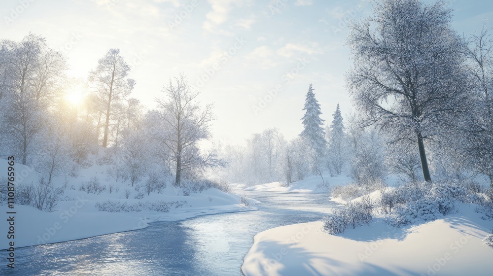 Obraz premium A Tranquil Winter Scene with Soft Light Illuminating the Snow, forest