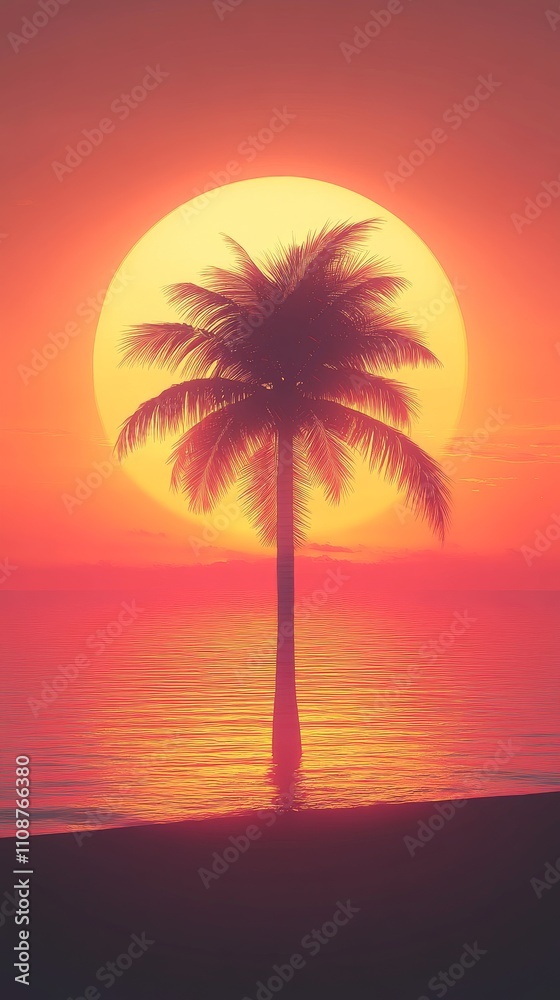 Obraz premium A solitary palm tree silhouetted against a vibrant sunset, casting a tranquil mood over serene waters.