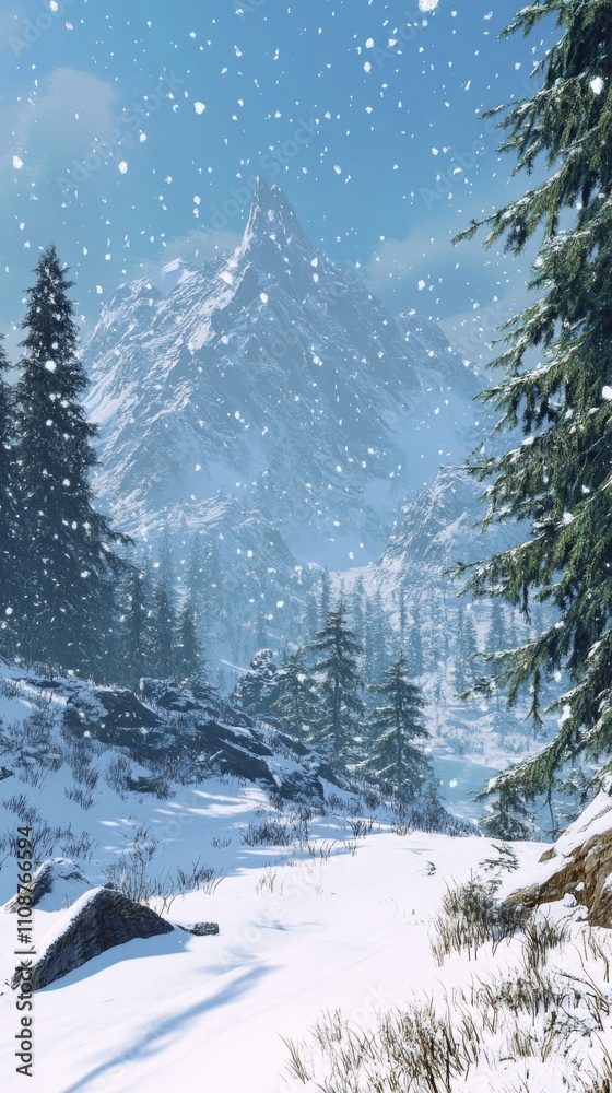 Fototapeta premium A serene winter landscape featuring snow-covered mountains, evergreen trees, and a tranquil river under a gentle snowfall.