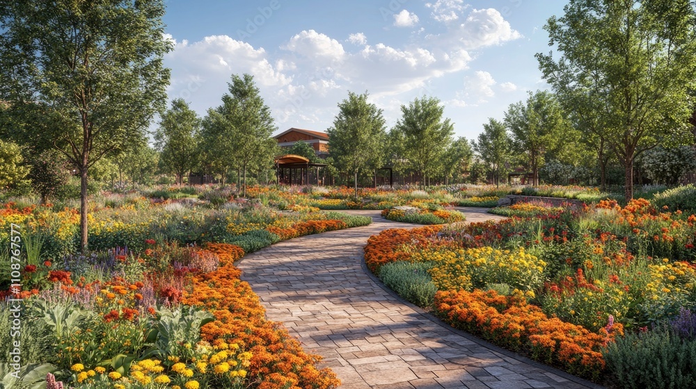 Fototapeta premium Panoramic perspective of mix-use development showing four seasons of landscaping