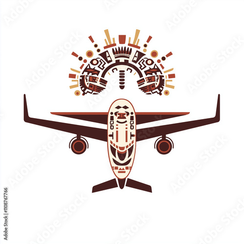 Commercial airplane with Aztec symbols flying overhead vector logo, AI Generated


