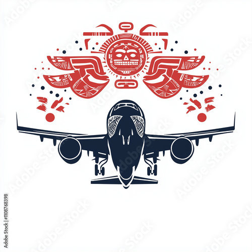 Commercial airplane with Aztec symbols flying overhead vector logo, AI Generated


